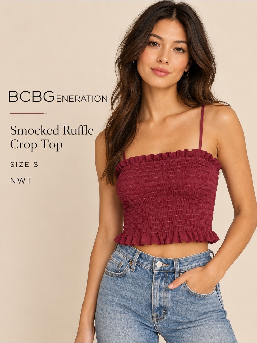 BCBGeneration NWT Maroon Smocked Ruffle Crop Top Cami Size S